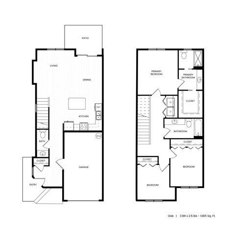 A floor plan of a two-bedroom apartment with a kitchen, living room, and bathroom.